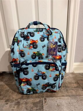 NWT Kids Monster Truck Diaper Bag Backpack in Light Blue with Playful Print